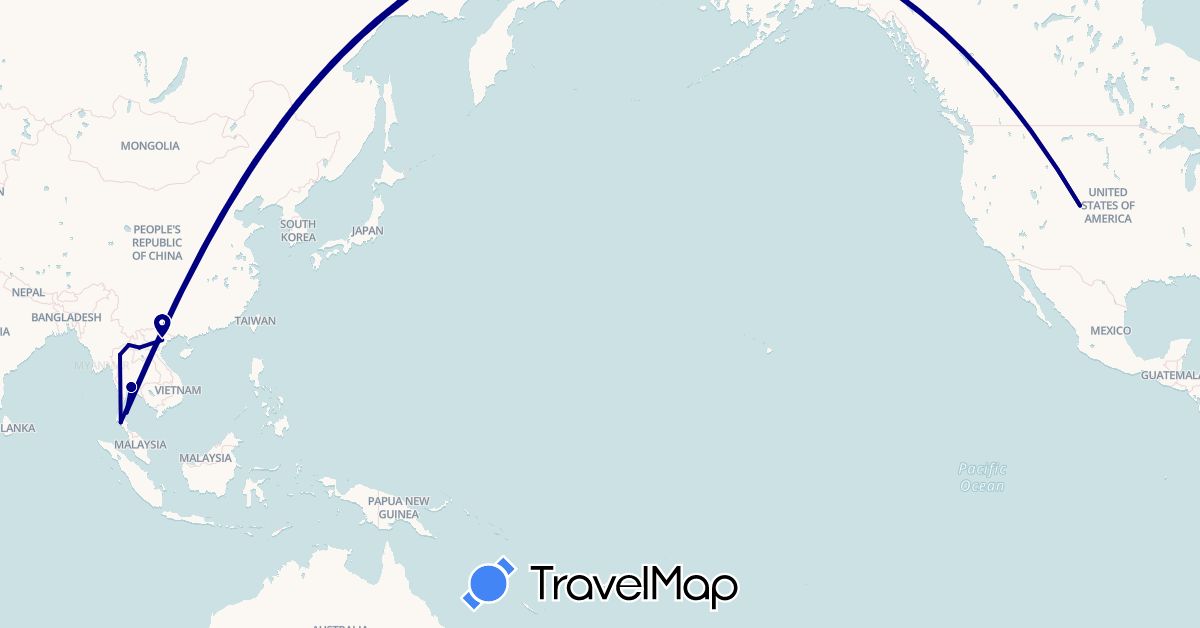 TravelMap itinerary: driving in Laos, Thailand, United States, Vietnam (Asia, North America)
